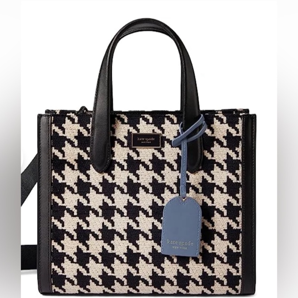 - Kate Spade New York Manhattan Houndstooth Chenille Fabric Mini Tote Blac…